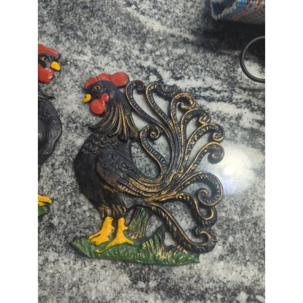 2 Vintage Cast Iron Roosters Wall Hangings Black Farmhouse Farm Chicken Decor